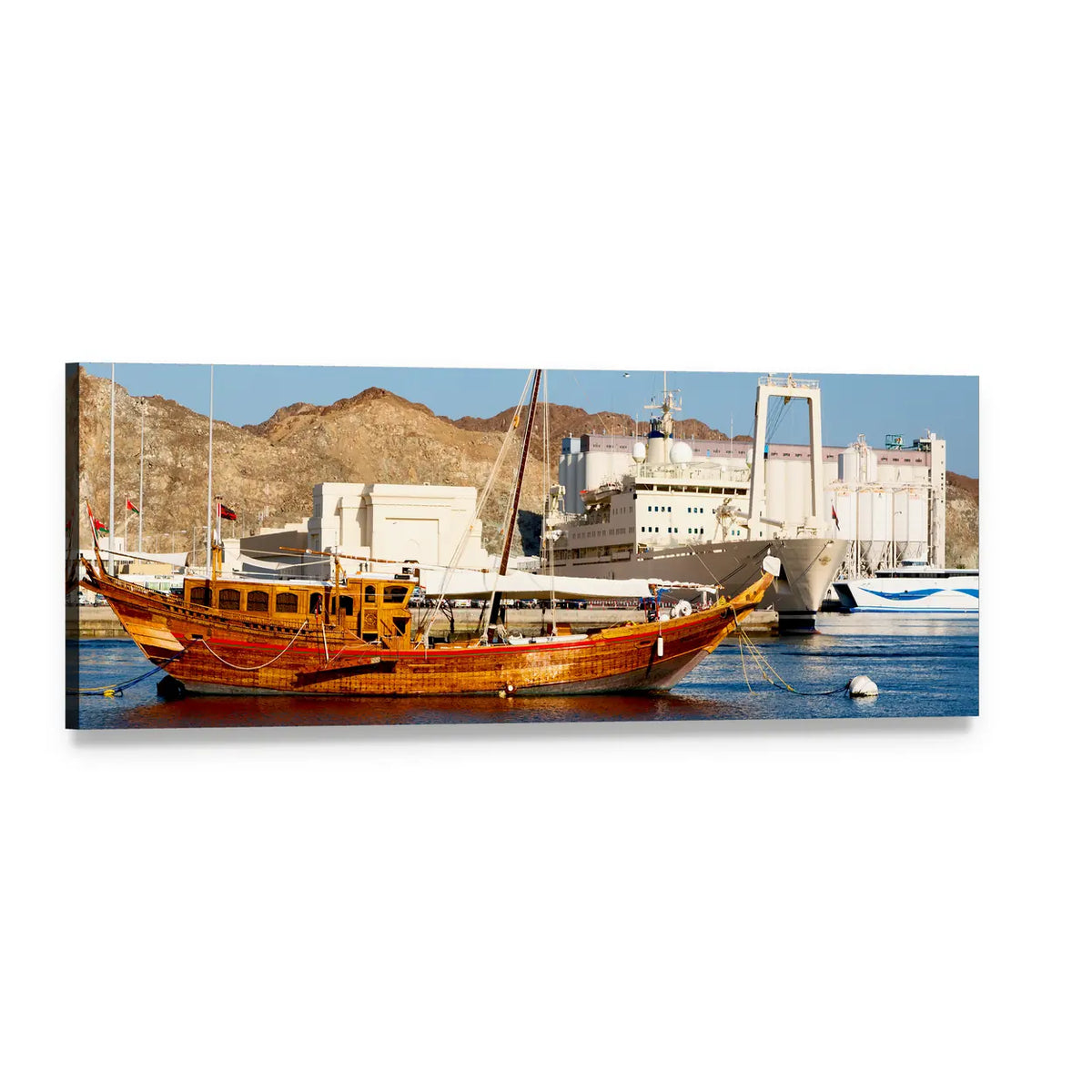 Oman Seaport with Traditional Dhow Panoramic Canvas Wall Art, single panel gallery wrapped canvas, angled product view
