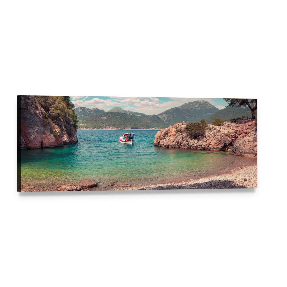 Mediterranean Turquoise Bay with Red Boat Panoramic Canvas Wall Art, single panel gallery wrapped canvas, angled product view