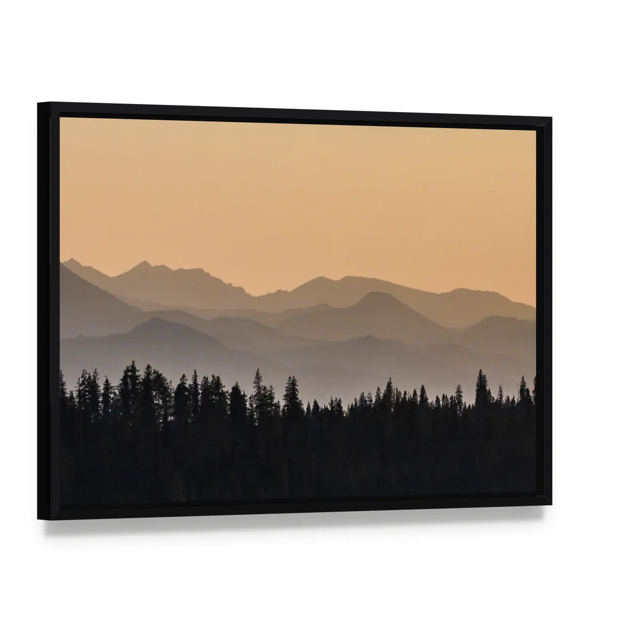 Early Morning Mist On Forest Mountain Canvas Wall Art, framed canvas in a black floater frame, angled product view