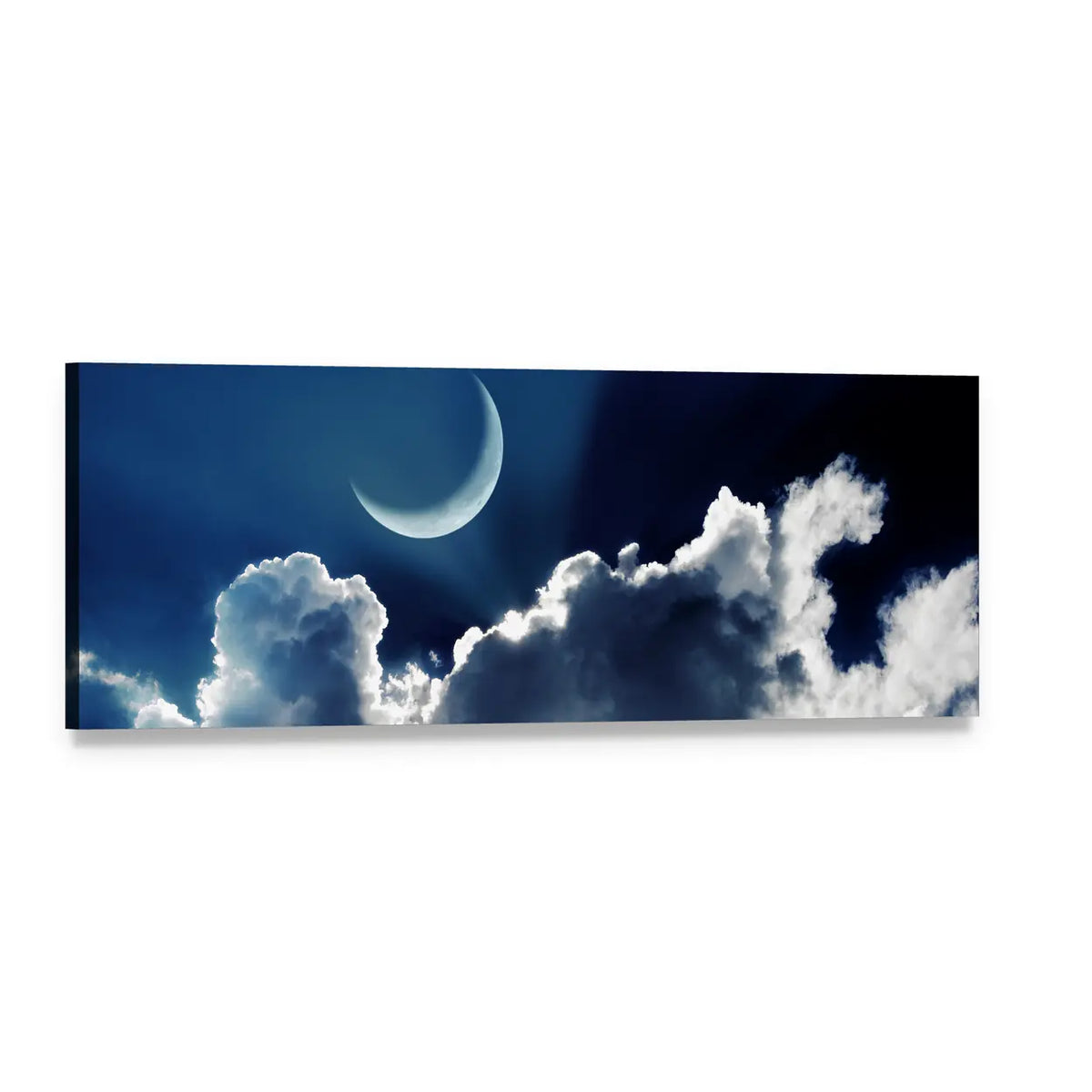 Crescent Moon Over Deep Blue Sky Panoramic Canvas Wall Art, single panel gallery wrapped canvas, angled product view