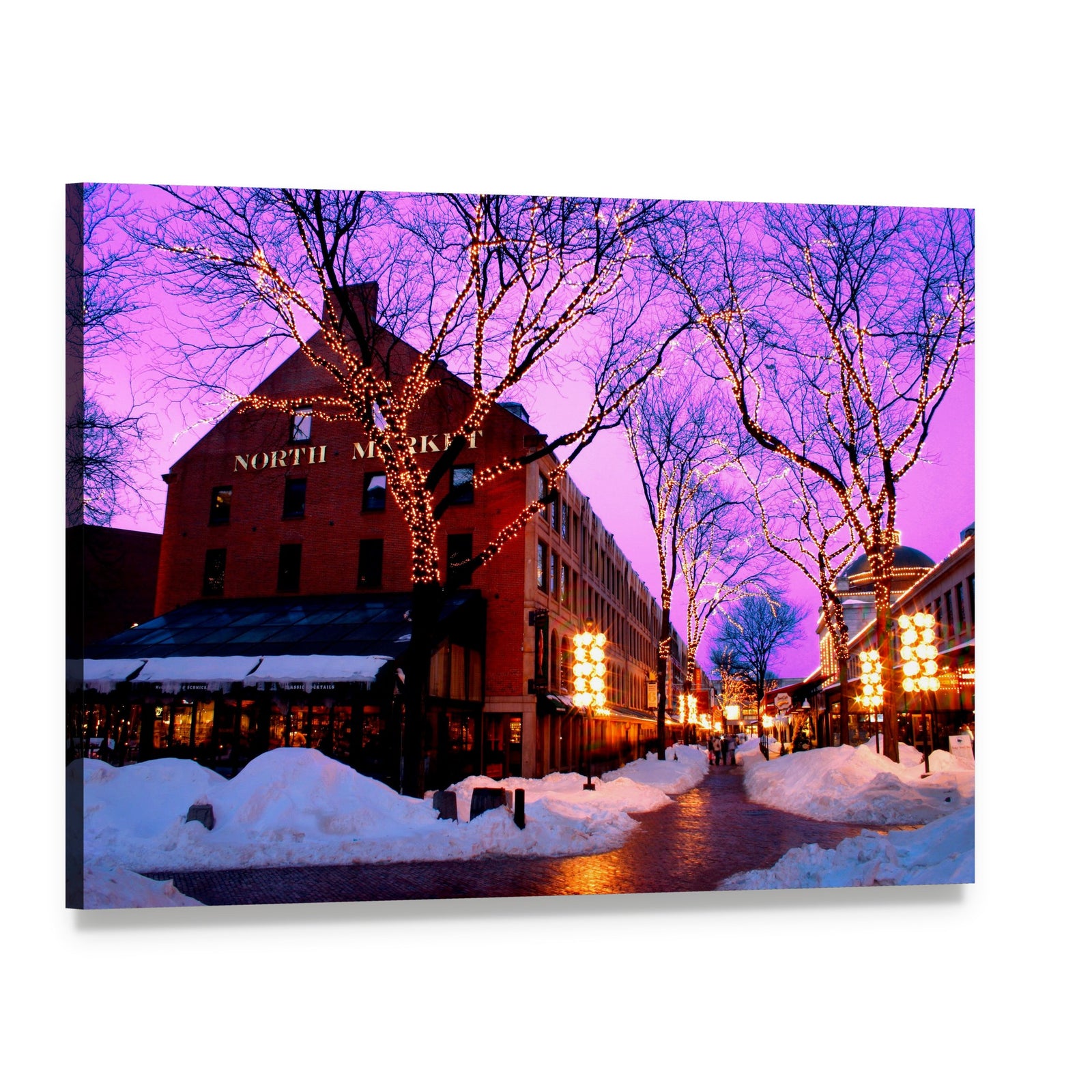 Snowy Evening at Faneuil Hall Marketplace Canvas Wall Art, single panel gallery wrapped canvas, angled product view