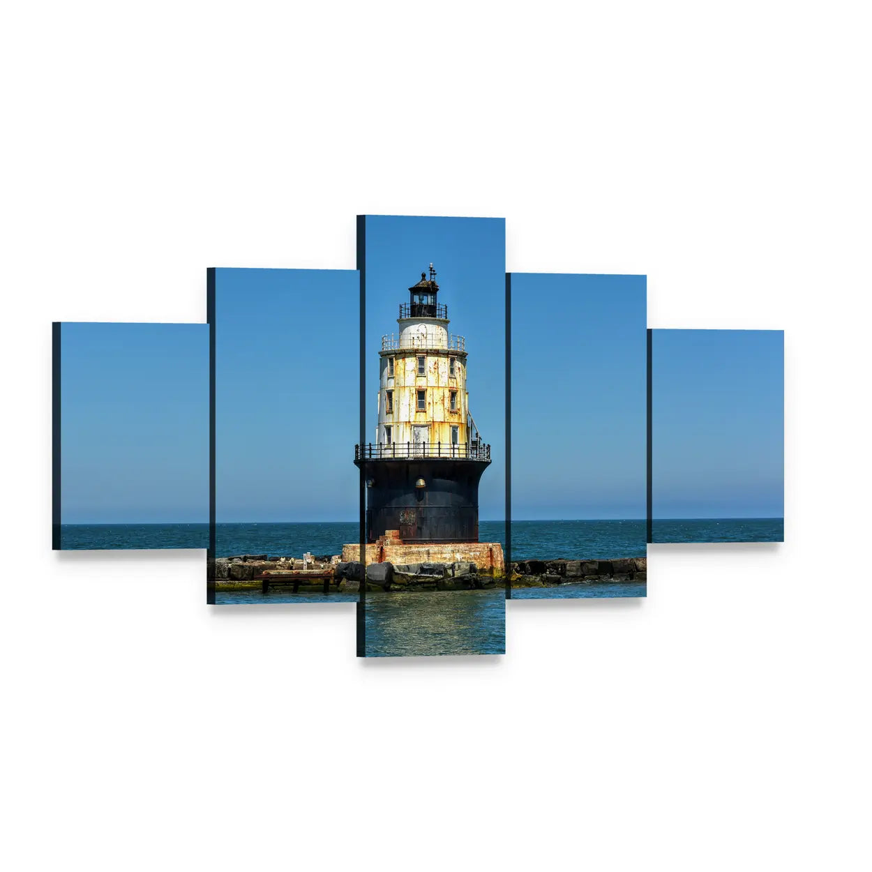Harbor of Refuge Lighthouse Canvas Wall Art, 5 panel 5 Star layout gallery wrapped canvas set, angled product view