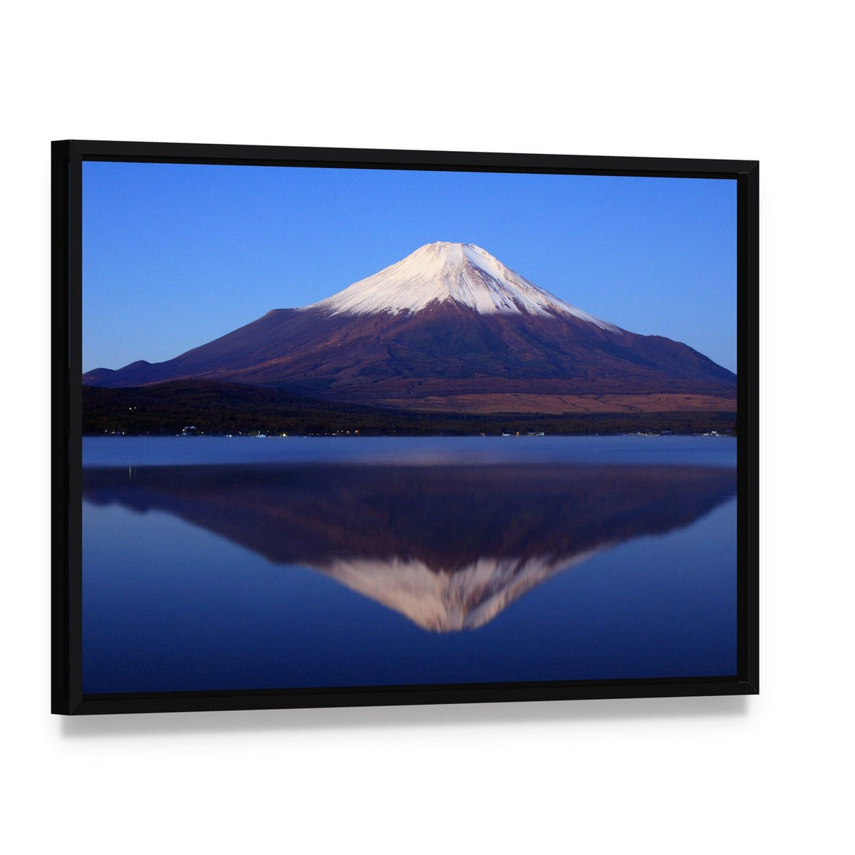 Mount Fuji Reflection in Tranquil Lake Canvas Wall Art, framed canvas in a black floater frame, angled product view