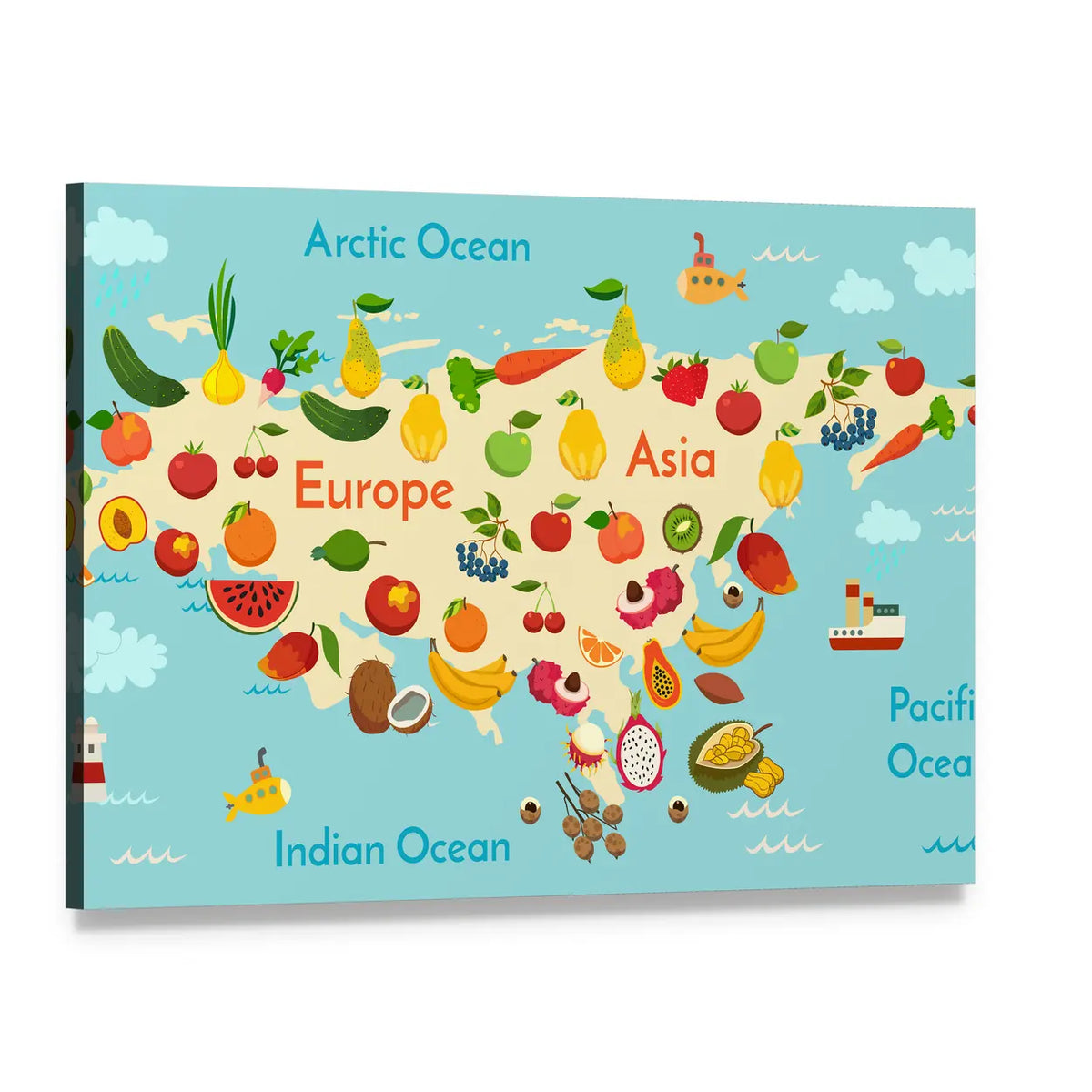 Fruit World Map Canvas Wall Art, single panel gallery wrapped canvas, angled product view