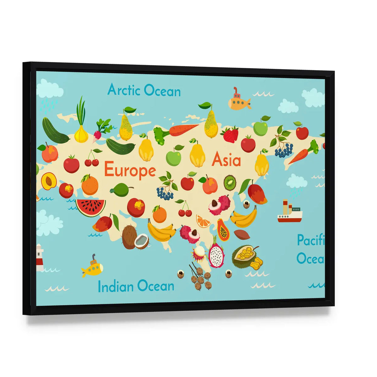 Fruit World Map Canvas Wall Art, framed canvas in a black floater frame, angled product view