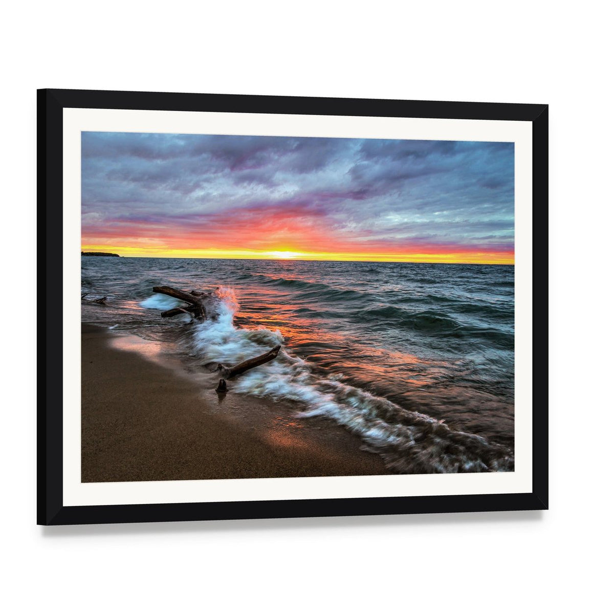 Huron Lake Sunset Reflection Canvas Wall Art, framed print with white mat and black frame, angled product view