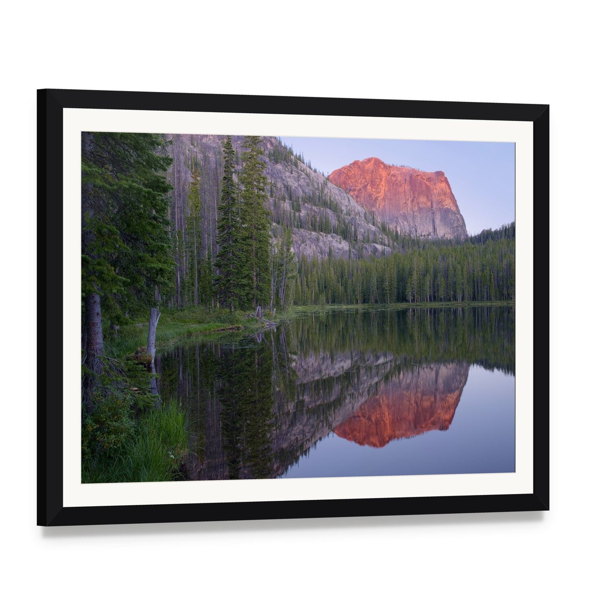 Yellowjacket Lake and Sugarloaf Mountain Canvas Wall Art, framed print with white mat and black frame, angled product view