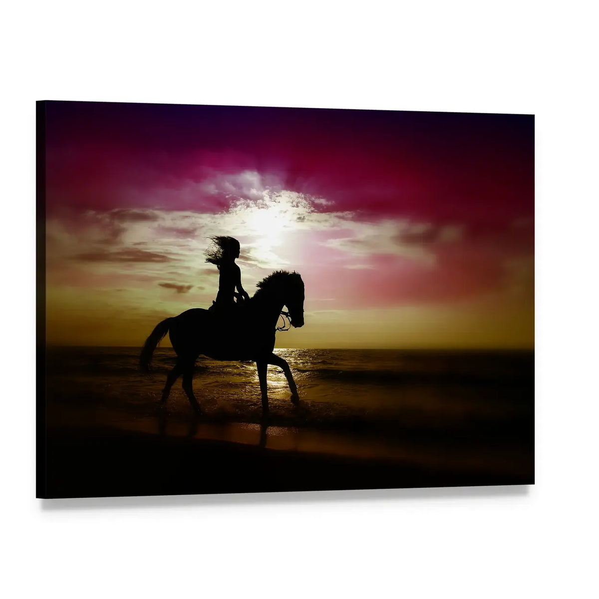 Girl Riding Horse on Beach Canvas Wall Art, single panel gallery wrapped canvas, angled product view