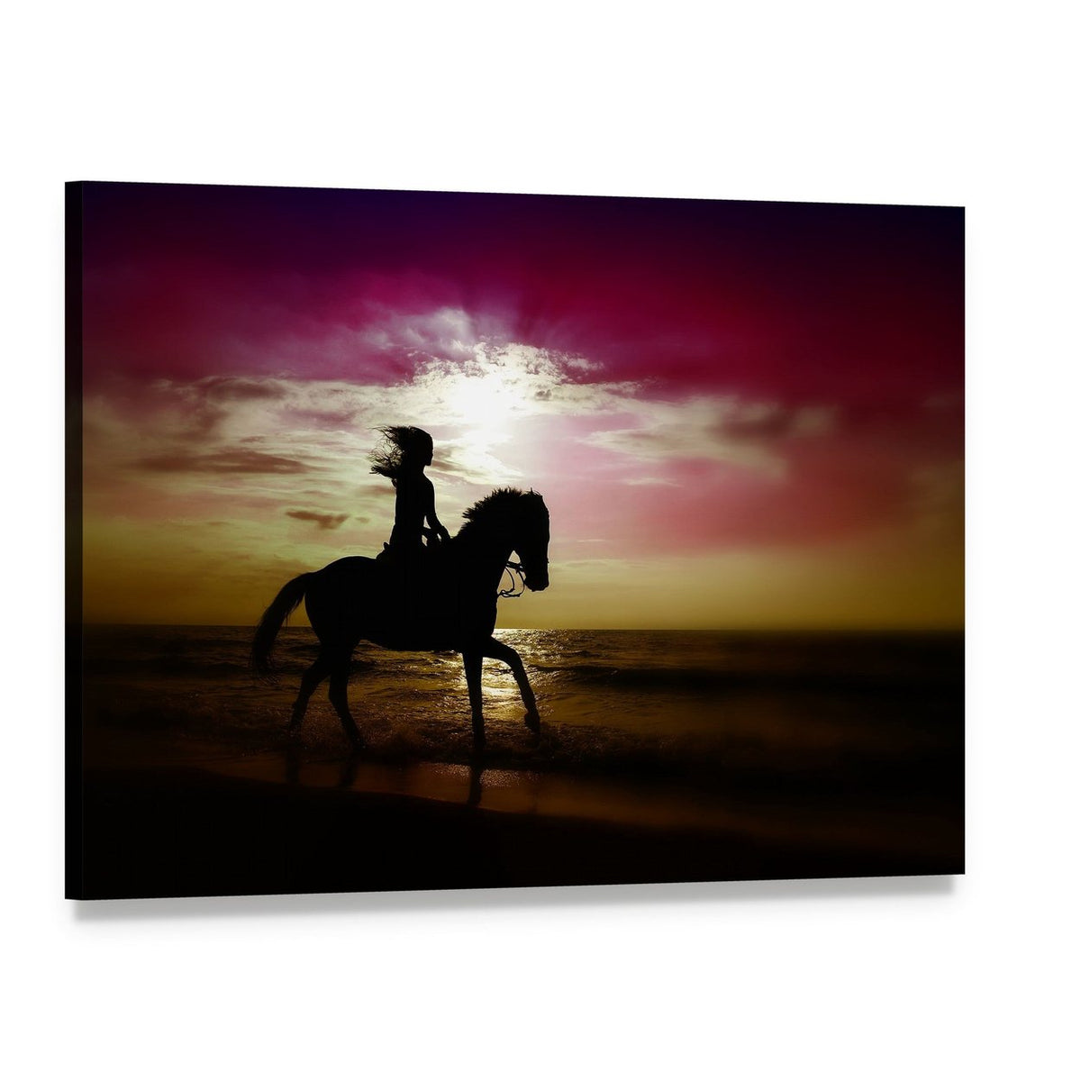 Girl Riding Horse on Beach Canvas Wall Art, single panel gallery wrapped canvas, angled product view