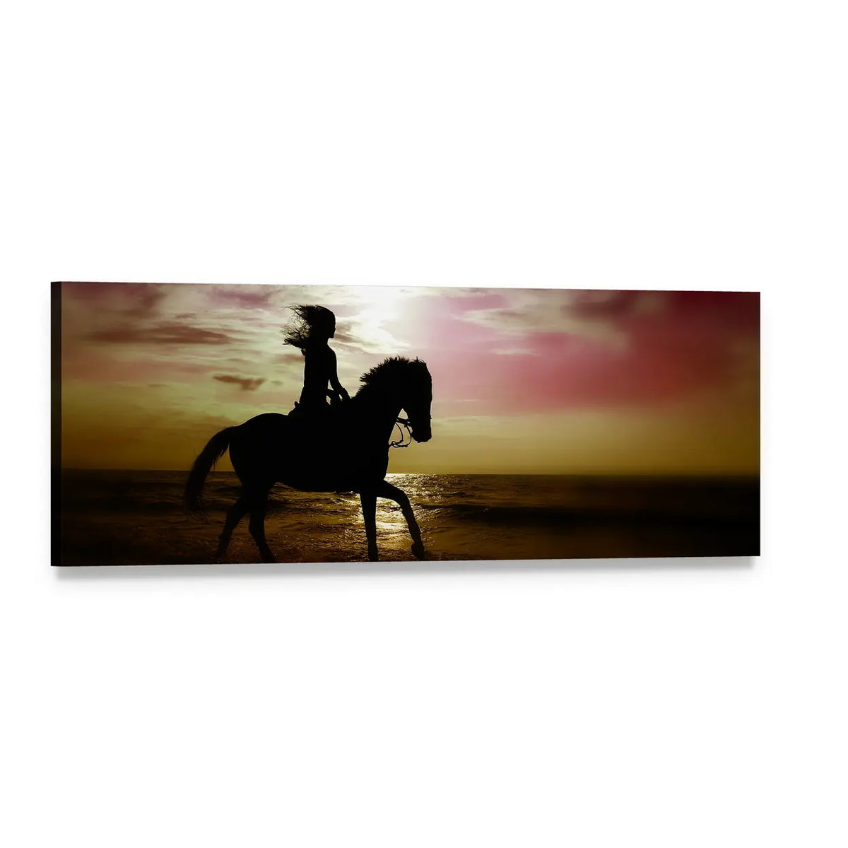 Girl Riding Horse on Sunset Beach Panoramic Canvas Wall Art, single panel gallery wrapped canvas, angled product view