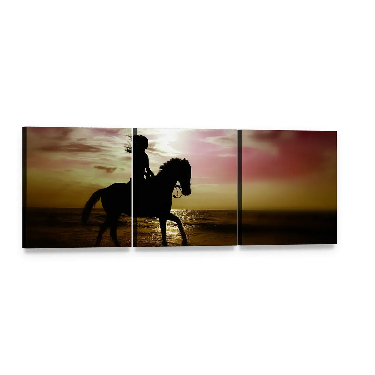 Girl Riding Horse on Sunset Beach Panoramic Canvas Wall Art, 3 panel 3 Piece layout gallery wrapped canvas set, angled product view