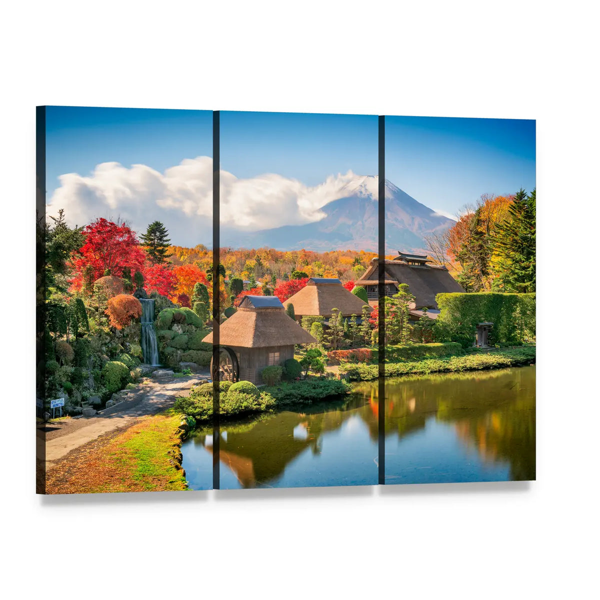 Thatched Farmhouses by Reflective Mountain Lake Canvas Wall Art, 3 panel 3 Horizontal layout gallery wrapped canvas set, angled product view