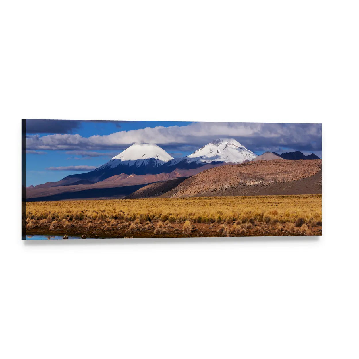 Snow-capped Mountain Peaks with Golden Prairie Panoramic Canvas Wall Art, single panel gallery wrapped canvas, angled product view