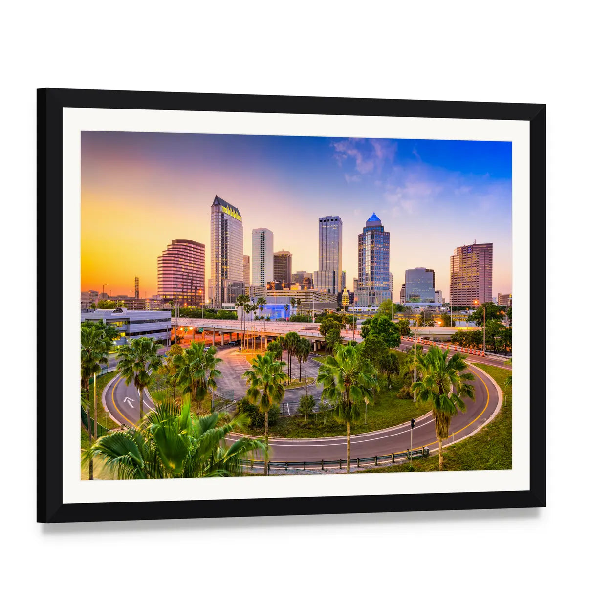 Tampa Downtown Skyline at Sunset Canvas Wall Art, framed print with white mat and black frame, angled product view