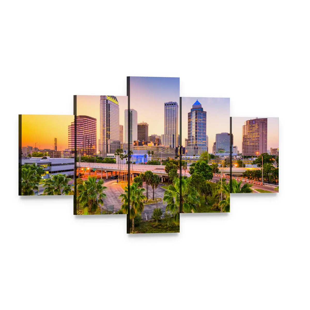 Tampa Downtown Skyline at Sunset Canvas Wall Art, 5 panel 5 Star layout gallery wrapped canvas set, angled product view