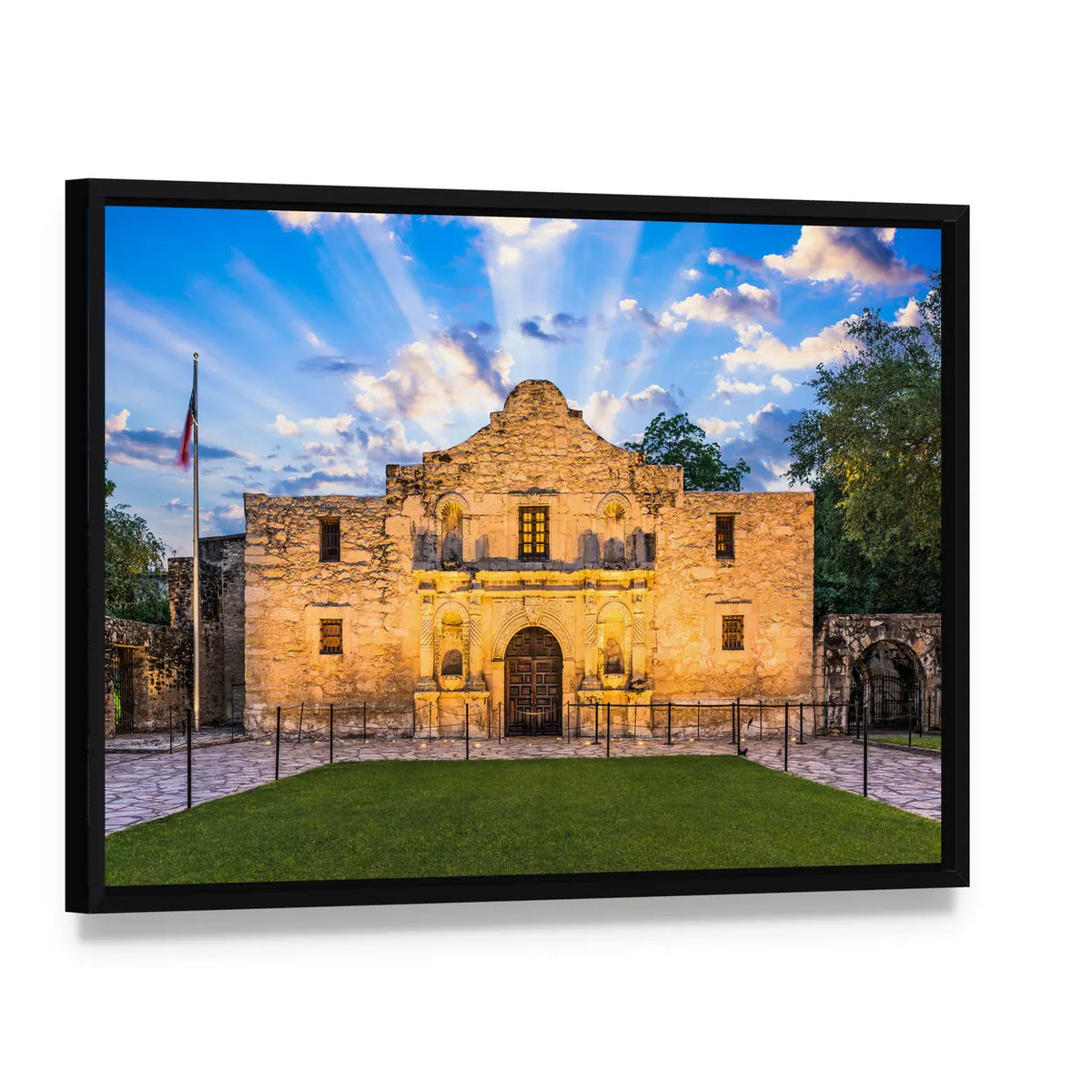 The Alamo in San Antonio Texas Canvas Wall Art, framed canvas in a black floater frame, angled product view
