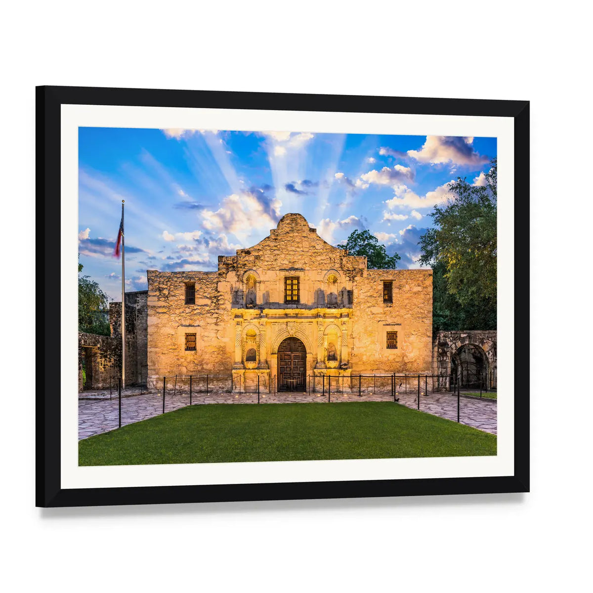 The Alamo in San Antonio Texas Canvas Wall Art, framed print with white mat and black frame, angled product view