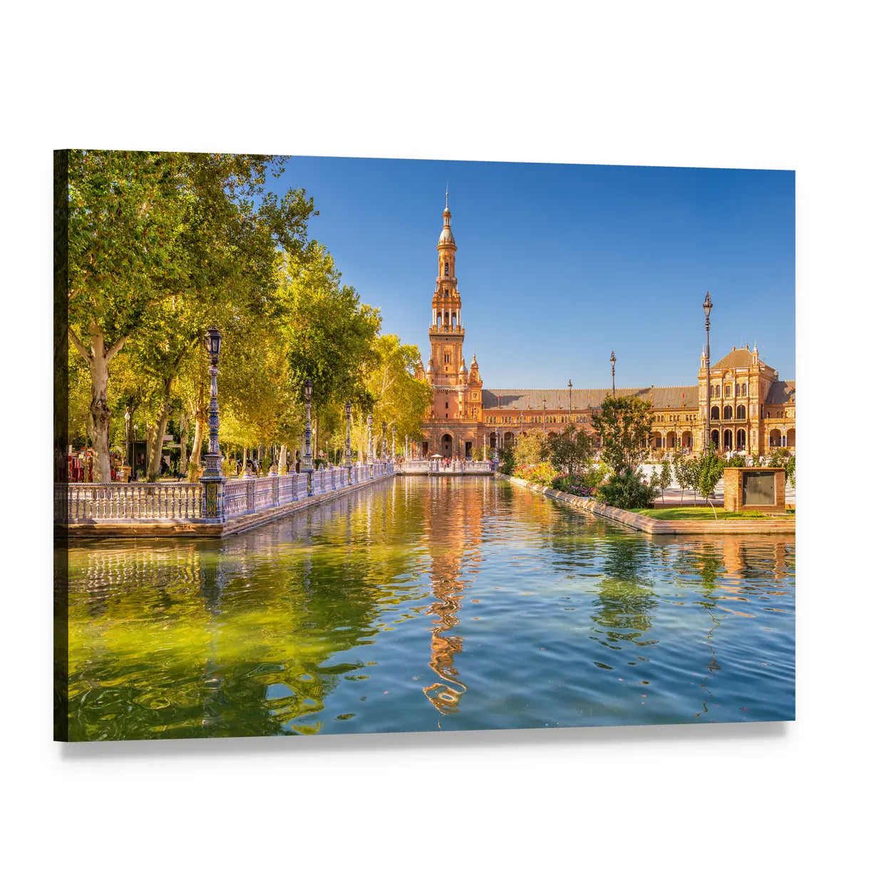 Spanish Square with Golden-spired Tower Canvas Wall Art, single panel gallery wrapped canvas, angled product view