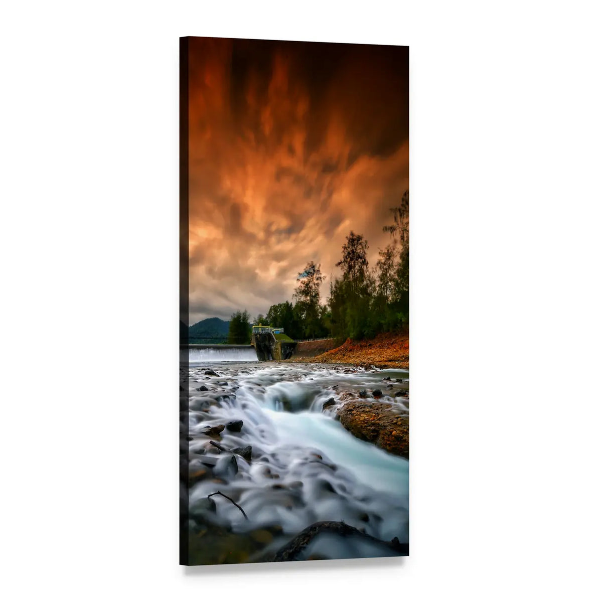 Dam Mentawa Sunset Over Rushing River Vertical Canvas Wall Art, 1 panel 1 Vertical layout gallery wrapped canvas set, angled product view