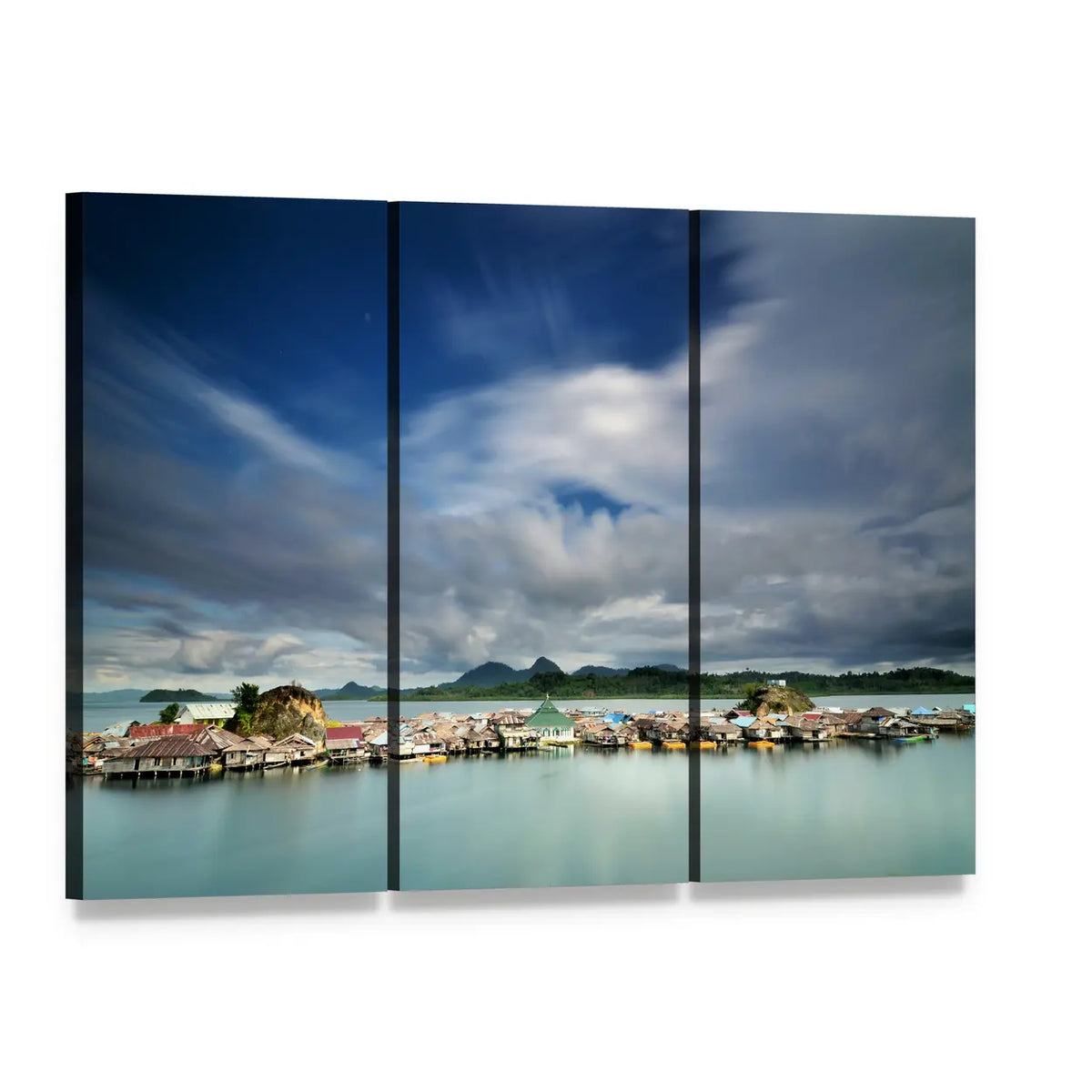 Kabalutan Overwater Village Indonesia Canvas Wall Art, 3 panel 3 Horizontal layout gallery wrapped canvas set, angled product view