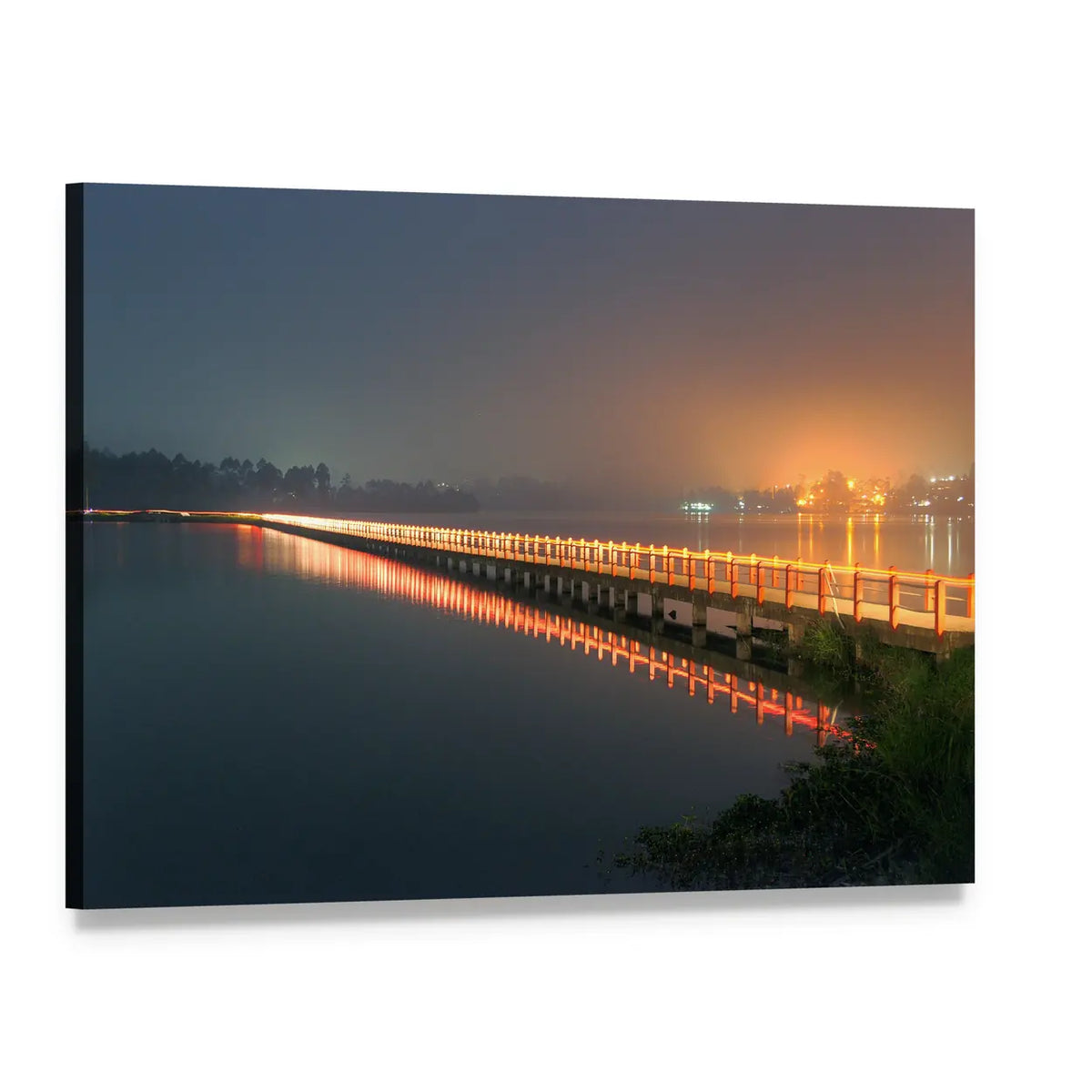 Cileunca Lake Bridge at Night Canvas Wall Art, single panel gallery wrapped canvas, angled product view