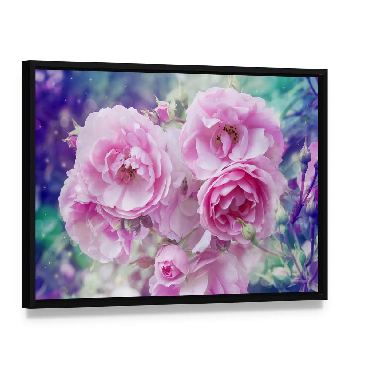 Romantic Pink Roses Close-up Canvas Wall Art, framed canvas in a black floater frame, angled product view