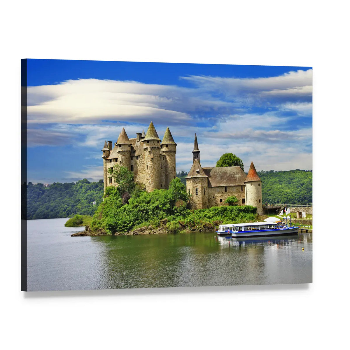 Romantic French Castle on Lake Canvas Wall Art, single panel gallery wrapped canvas, angled product view