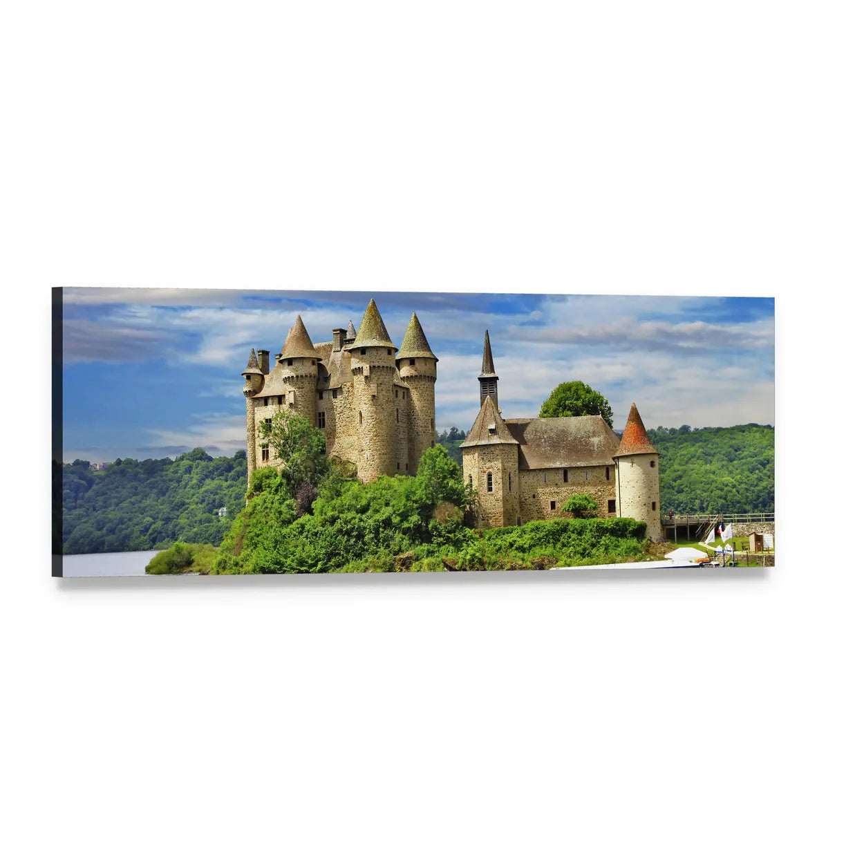 Romantic Castles of France Panoramic Canvas Wall Art, single panel gallery wrapped canvas, angled product view