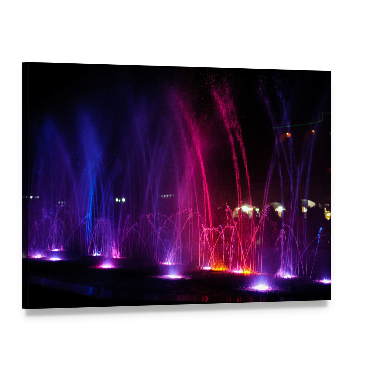 Vibrant Dancing Fountains at Night Canvas Wall Art, single panel gallery wrapped canvas, angled product view