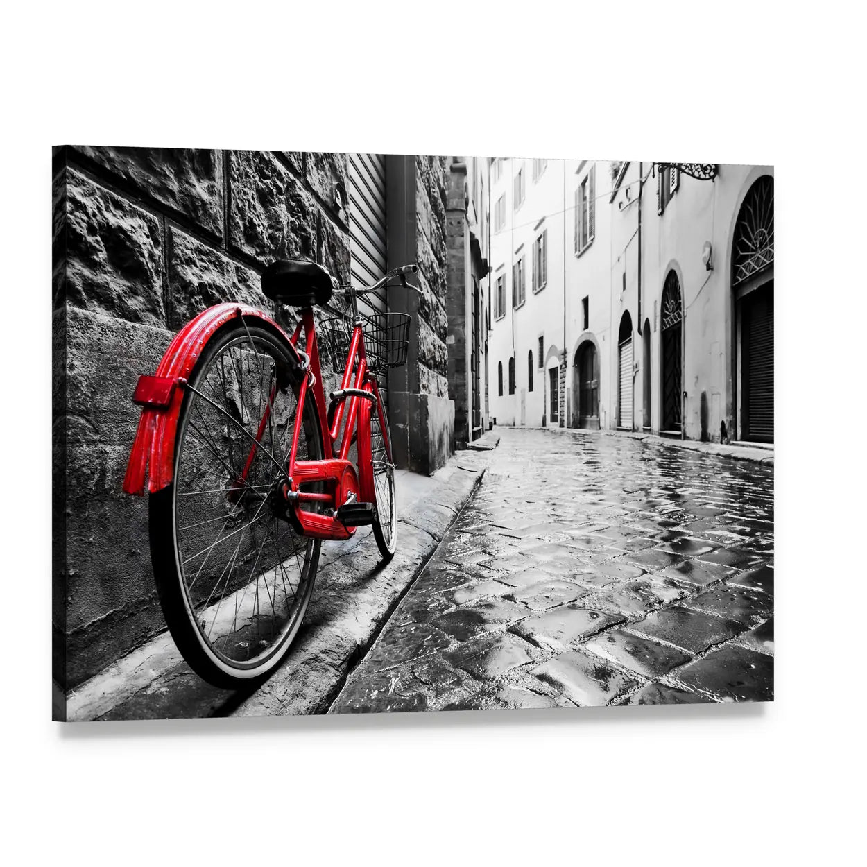 Red Bicycle on Cobblestone Street Canvas Wall Art, single panel gallery wrapped canvas, angled product view