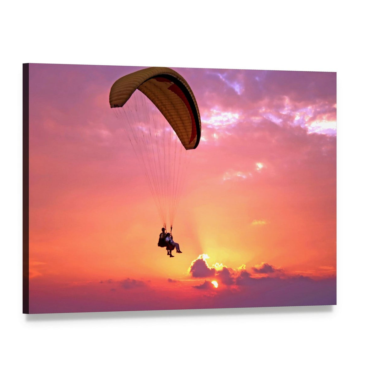 Paragliding at Sunset Canvas Wall Art, single panel gallery wrapped canvas, angled product view