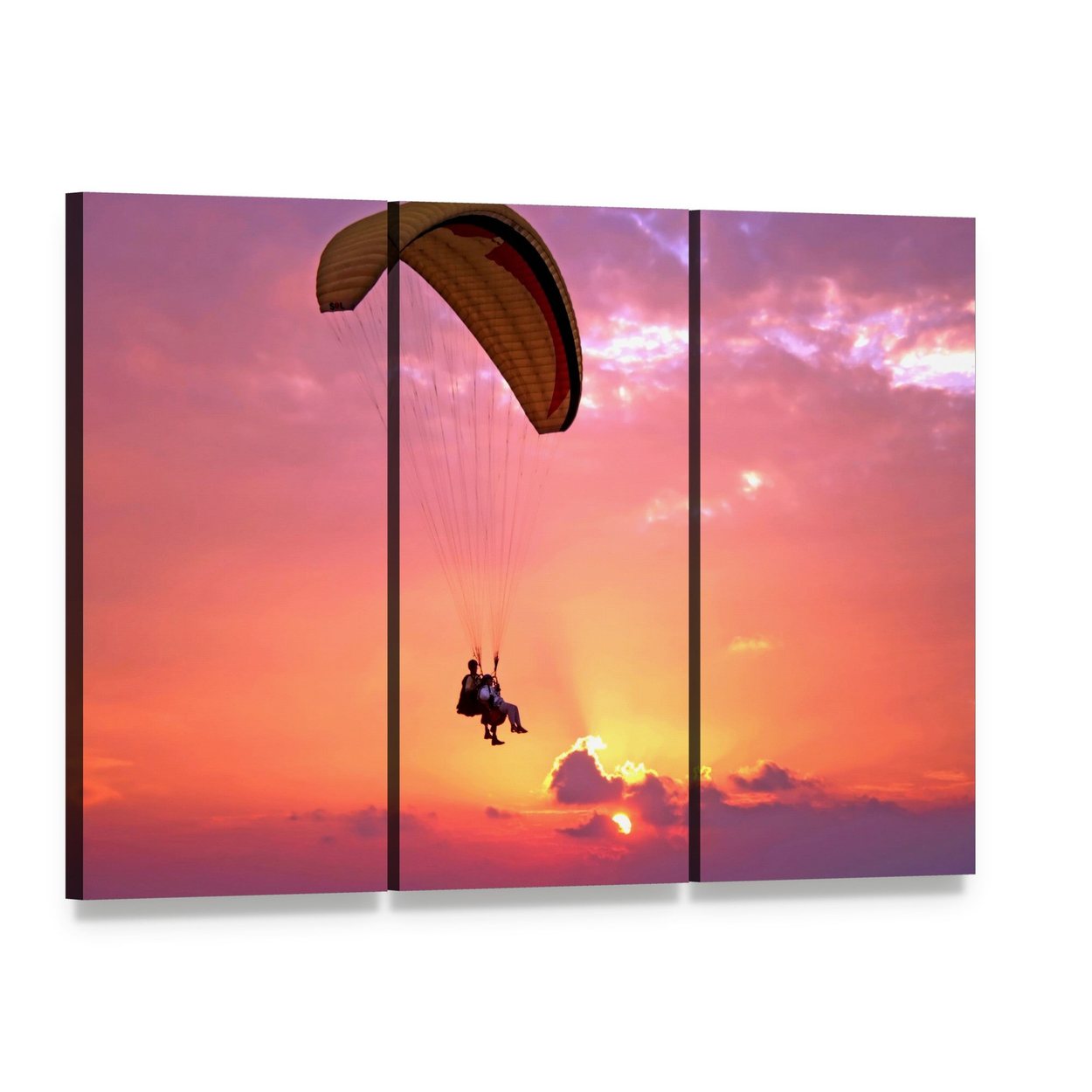 Paragliding at Sunset Canvas Wall Art, 3 panel 3 Horizontal layout gallery wrapped canvas set, angled product view