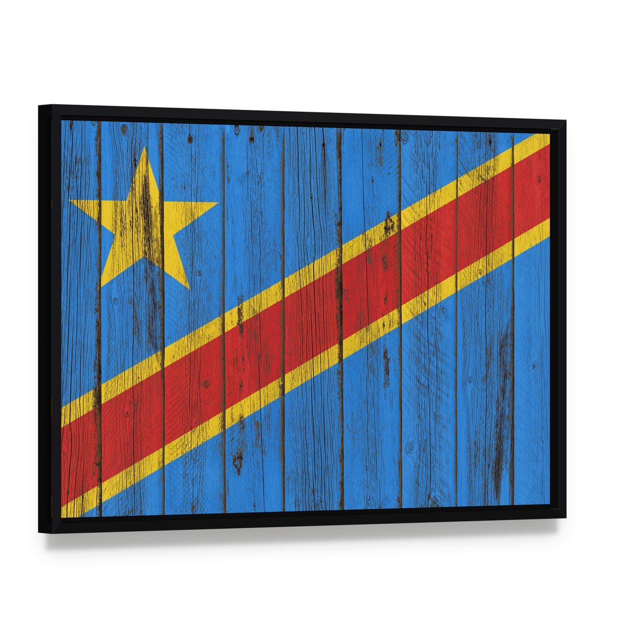 Vintage Congo Flag with Star and Stripes Canvas Wall Art, framed canvas in a black floater frame, angled product view