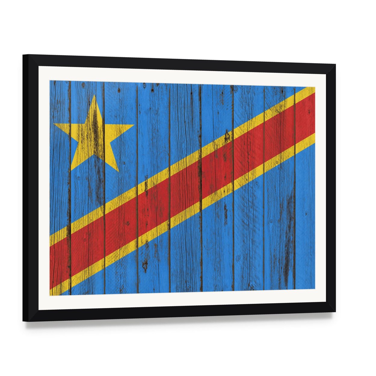 Vintage Congo Flag with Star and Stripes Canvas Wall Art, framed print with white mat and black frame, angled product view