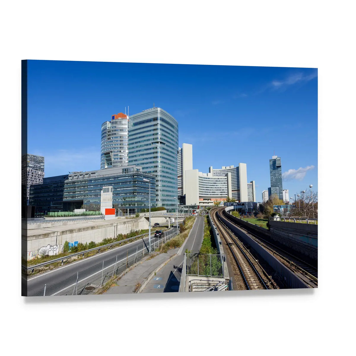 Railway Through Financial District Canvas Wall Art, single panel gallery wrapped canvas, angled product view