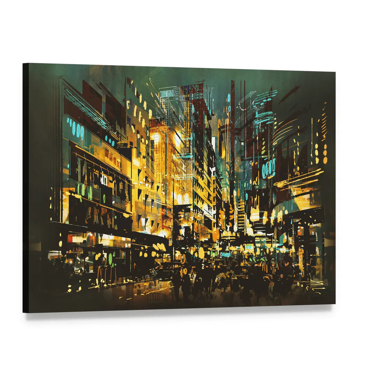 Abstract Night Cityscape with Golden Lights Canvas Wall Art, single panel gallery wrapped canvas, angled product view