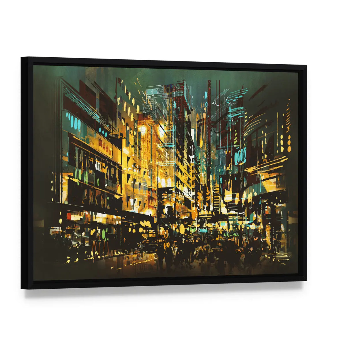 Abstract Night Cityscape with Golden Lights Canvas Wall Art, framed canvas in a black floater frame, angled product view