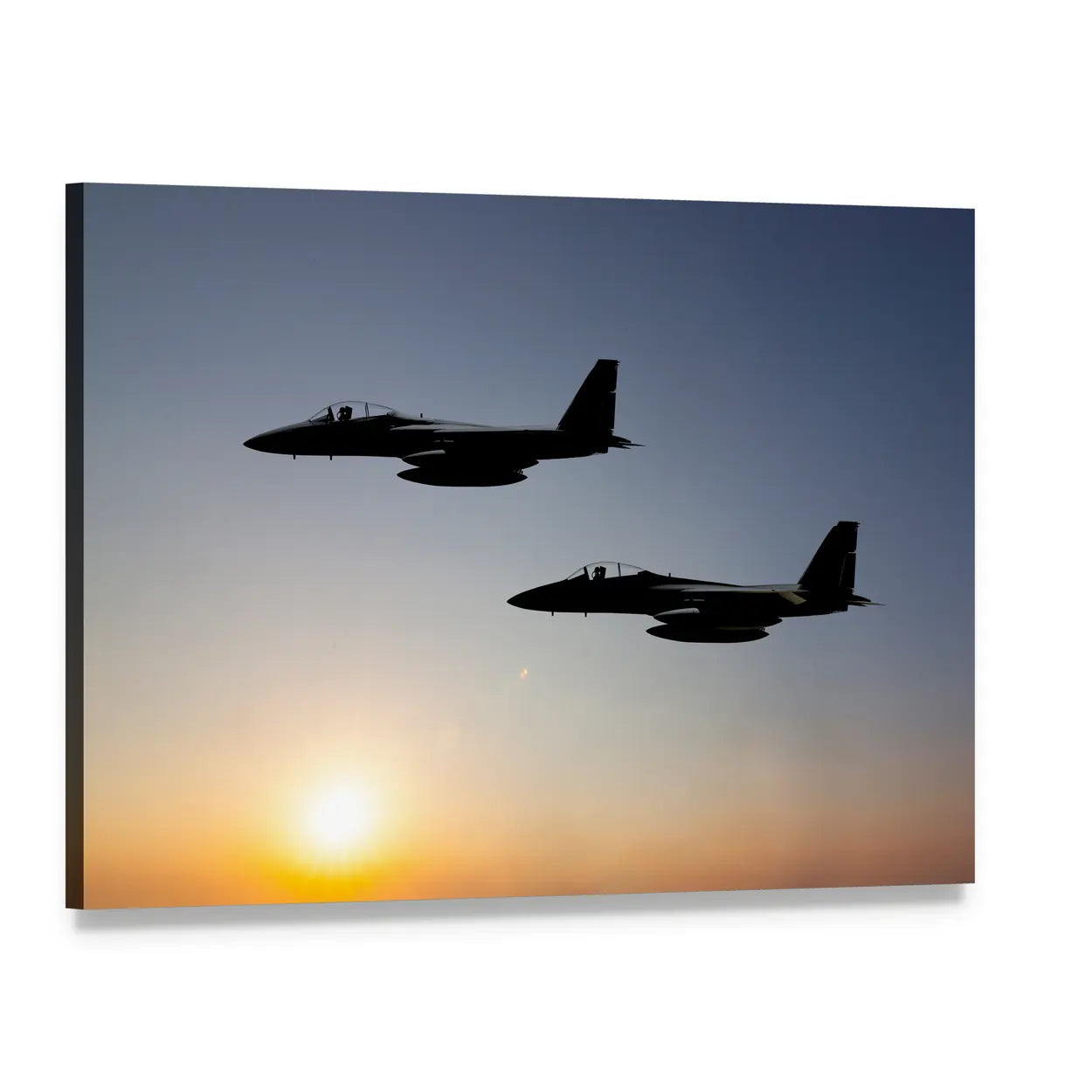 F-15 Jets at Sunset Canvas Wall Art, single panel gallery wrapped canvas, angled product view