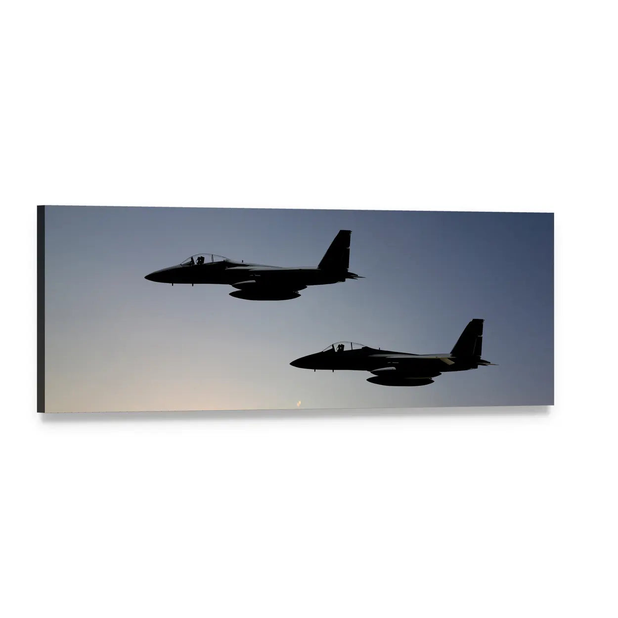 Two Fighter Jets at Dusk Panoramic Canvas Wall Art, single panel gallery wrapped canvas, angled product view