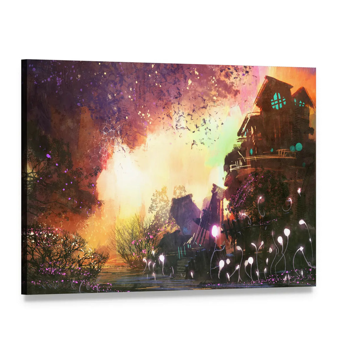 Cliffside Treehouse and Tower at Twilight Canvas Wall Art, single panel gallery wrapped canvas, angled product view
