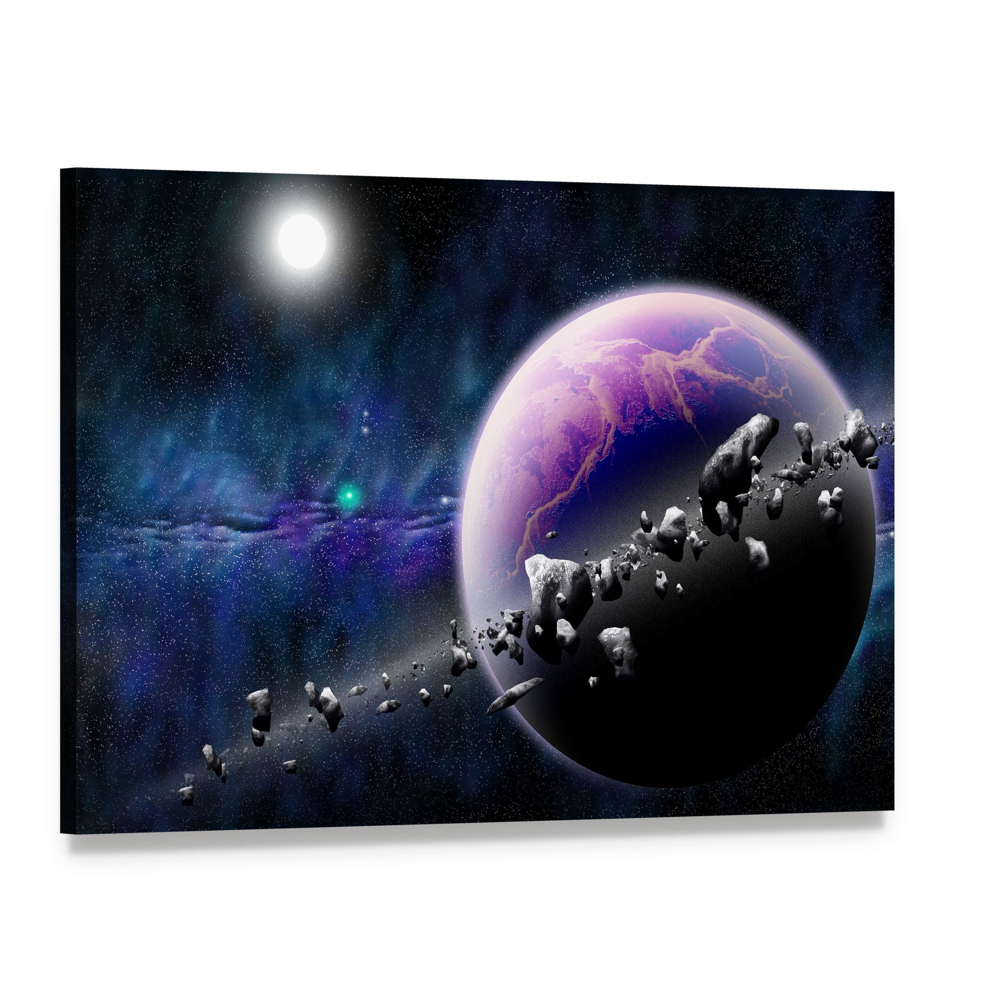 Planet with Asteroids Canvas Wall Art, single panel gallery wrapped canvas, angled product view