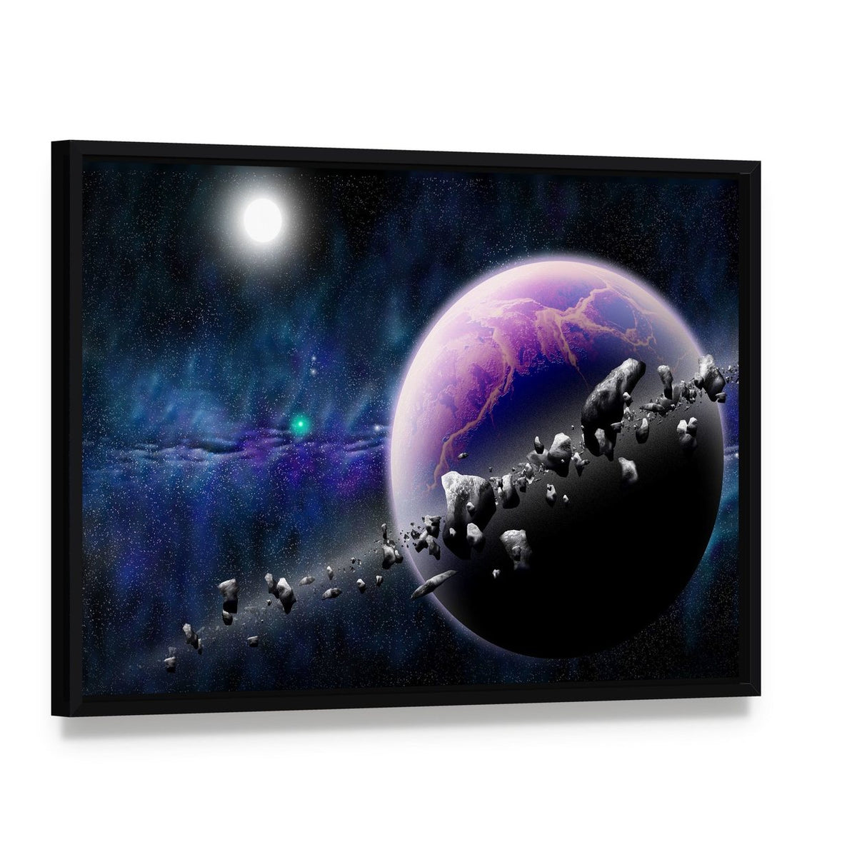 Planet with Asteroids Canvas Wall Art, framed canvas in a black floater frame, angled product view