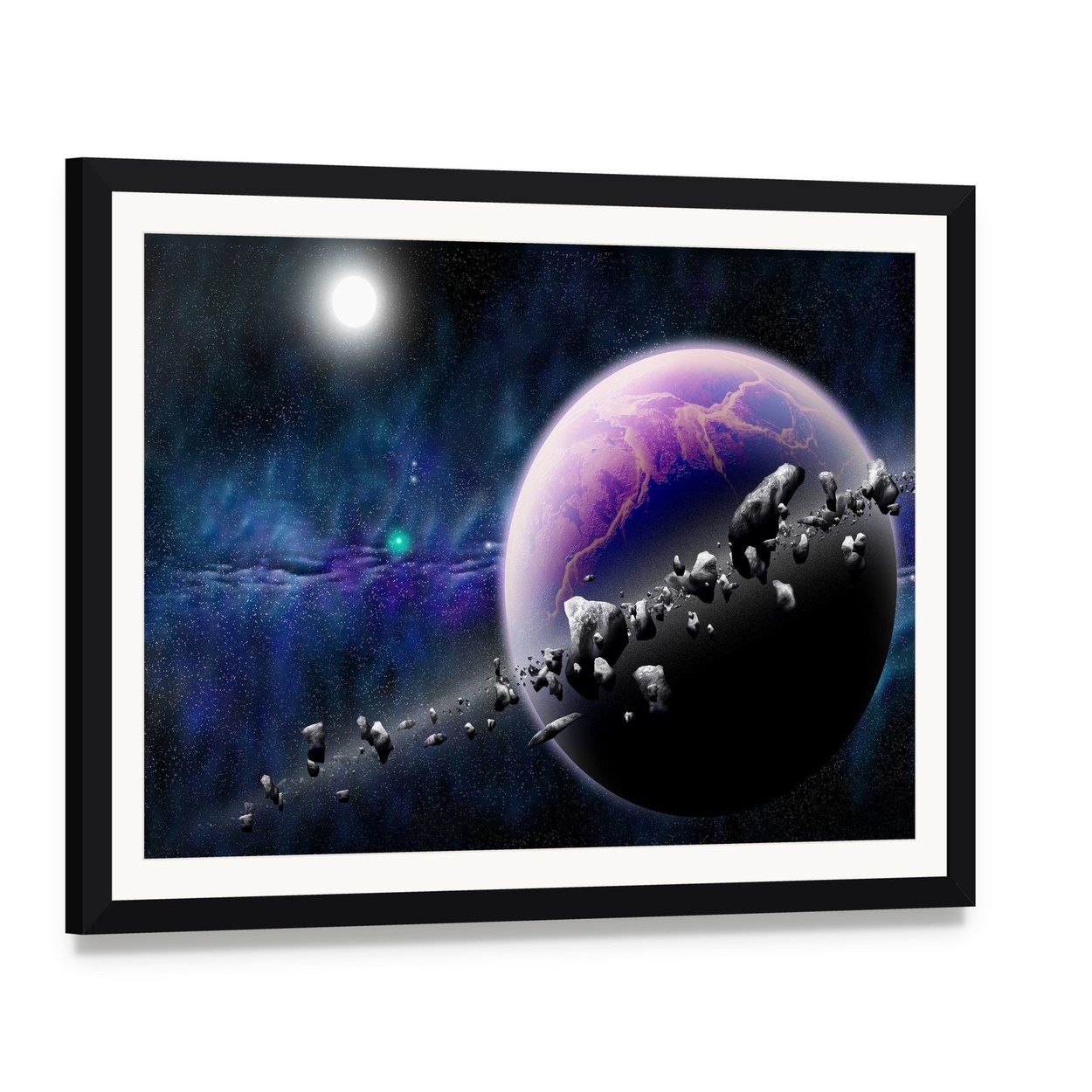 Planet with Asteroids Canvas Wall Art, framed print with white mat and black frame, angled product view