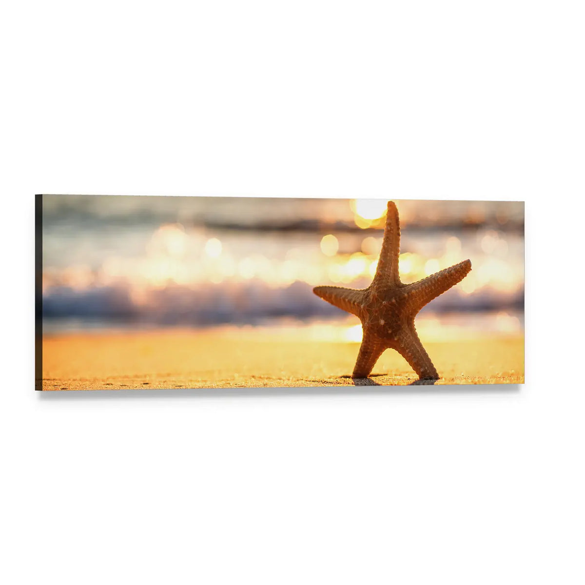 Sea Starfish on Beach at Sunrise Panoramic Canvas Wall Art, single panel gallery wrapped canvas, angled product view