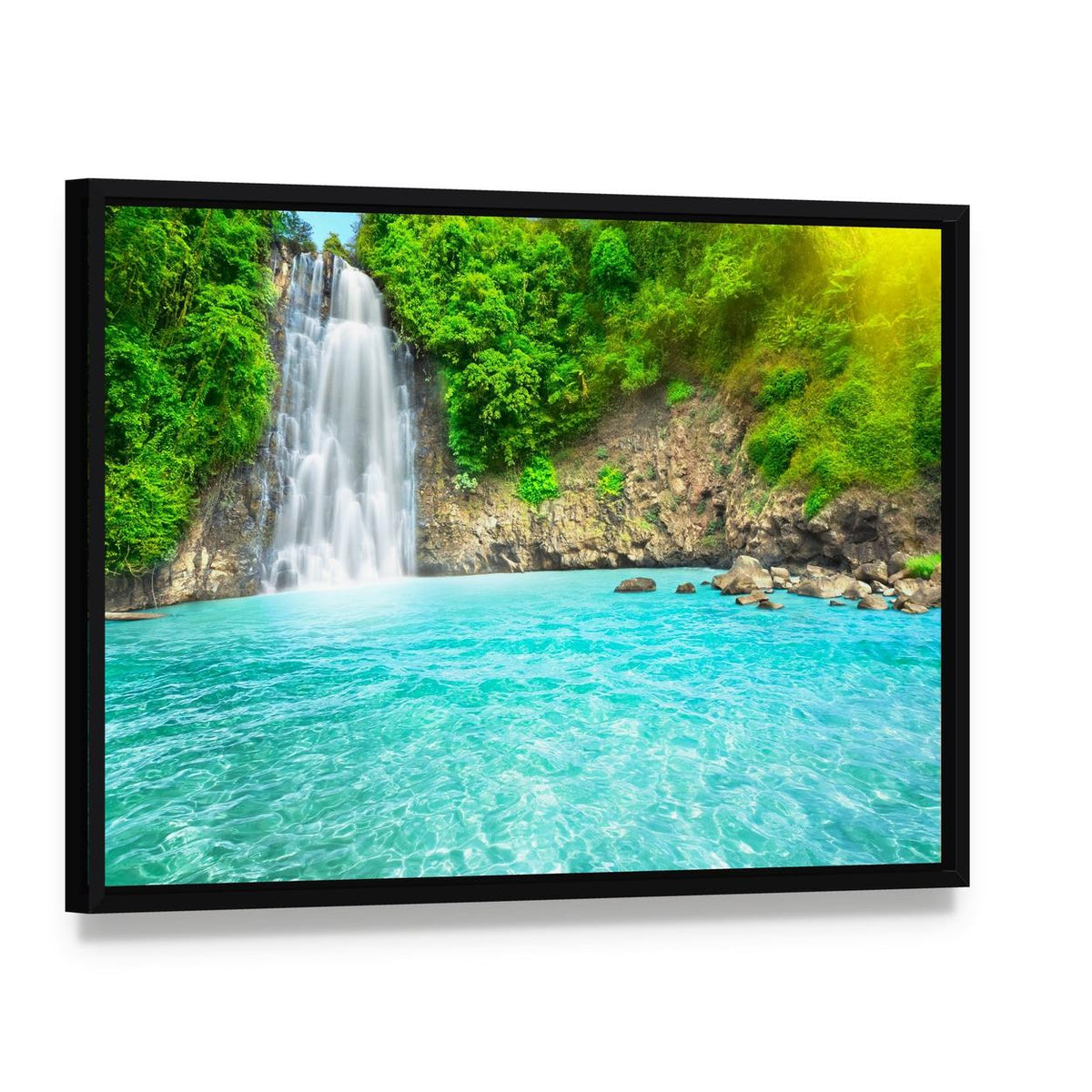 Dambri Waterfall Vietnam Canvas Wall Art, framed canvas in a black floater frame, angled product view