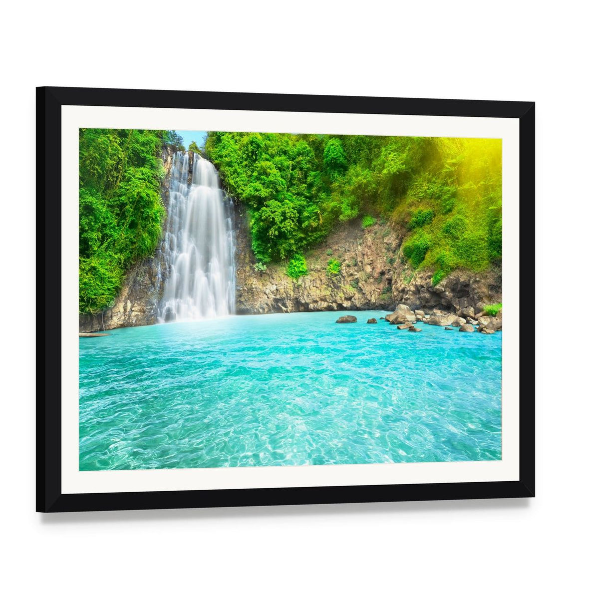Dambri Waterfall Vietnam Canvas Wall Art, framed print with white mat and black frame, angled product view