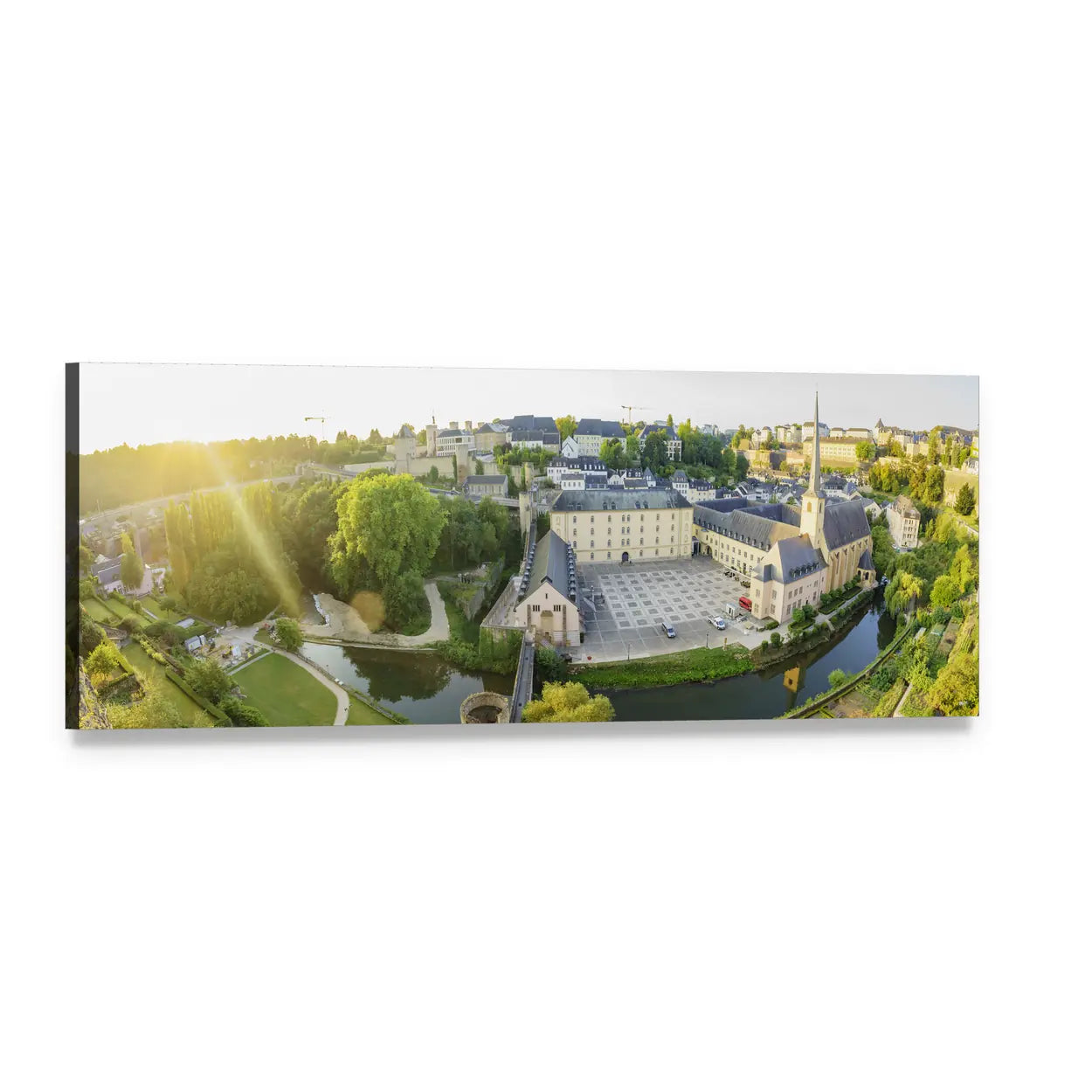 Neumünster Abbey Over the Alzette in Grund Panoramic Canvas Wall Art, single panel gallery wrapped canvas, angled product view