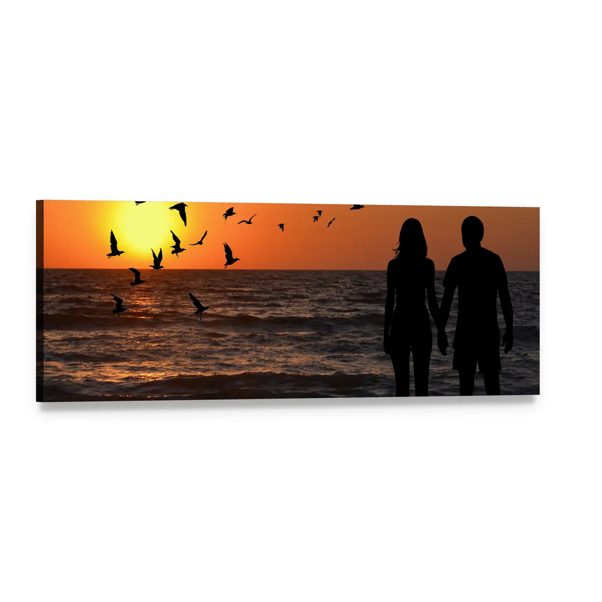 Silhouetted Couple on Sunset Beach Panoramic Canvas Wall Art, single panel gallery wrapped canvas, angled product view