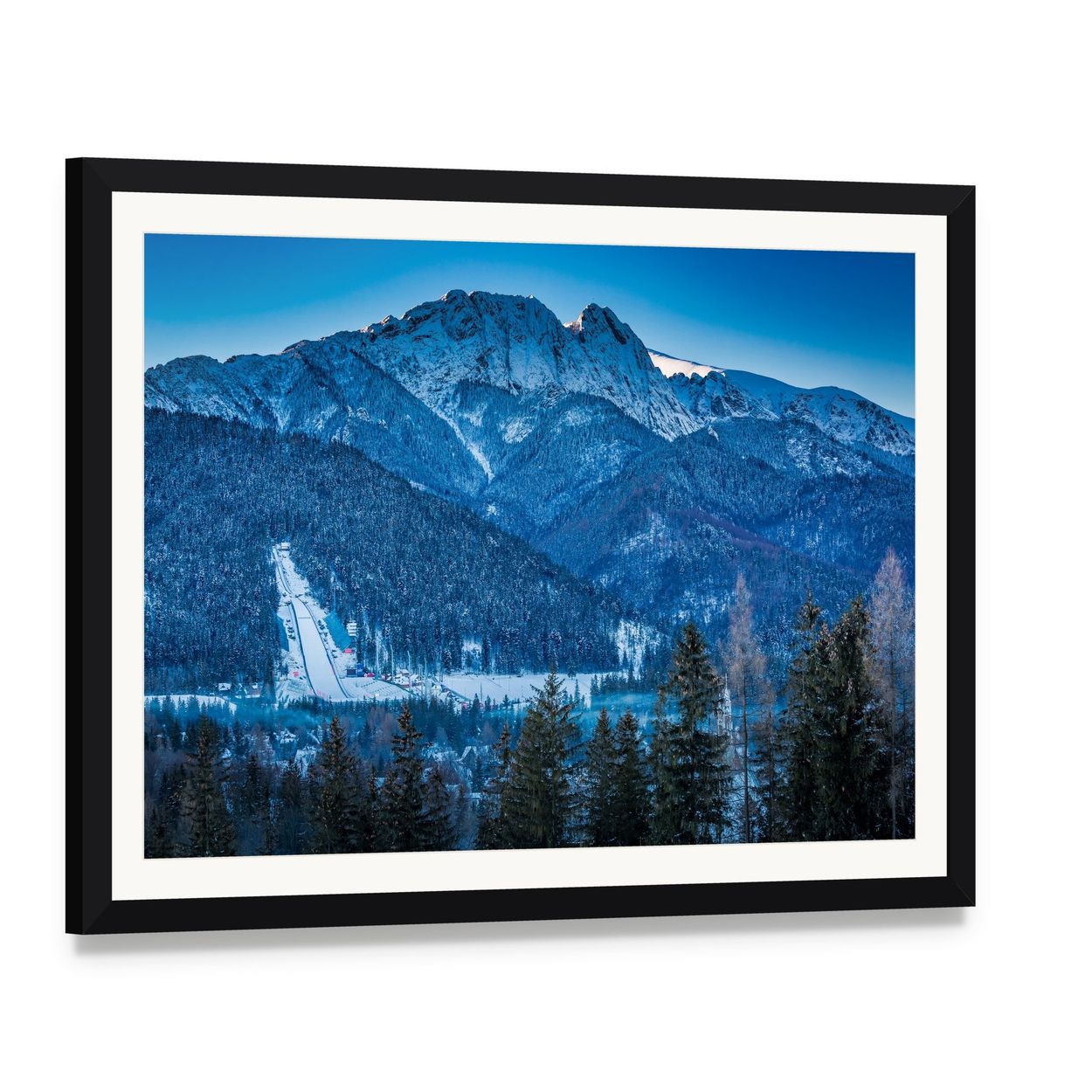 Giewont Peak in Winter Canvas Wall Art, framed print with white mat and black frame, angled product view