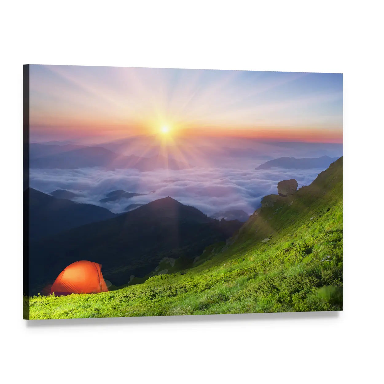 Glowing Orange Tent at Sunrise Over Mountains Canvas Wall Art, single panel gallery wrapped canvas, angled product view